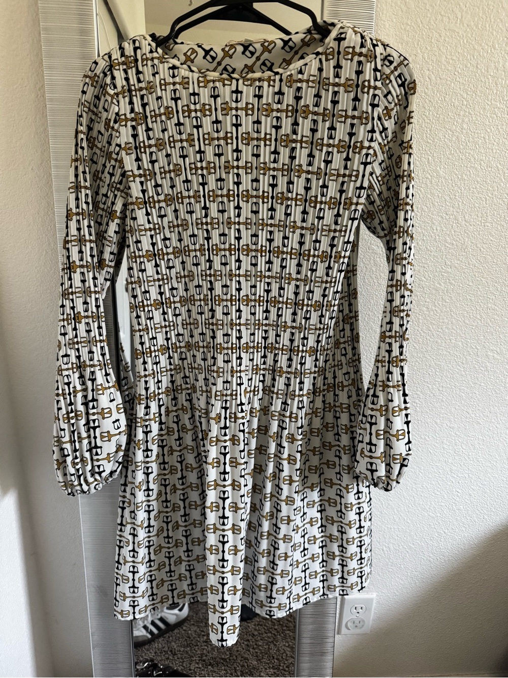 Maje Printed Long-Sleeve A-Line Dress with Gold Accent